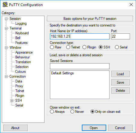 captura 1 conexión ssh mediante putty